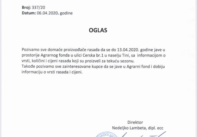 Obavještenje za domaće proizvođače i kupce rasada